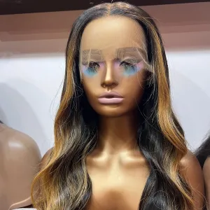 20" Luxury Blonde Brown Highlights - Human Hair Body Wave HD Lace Front Wig N252