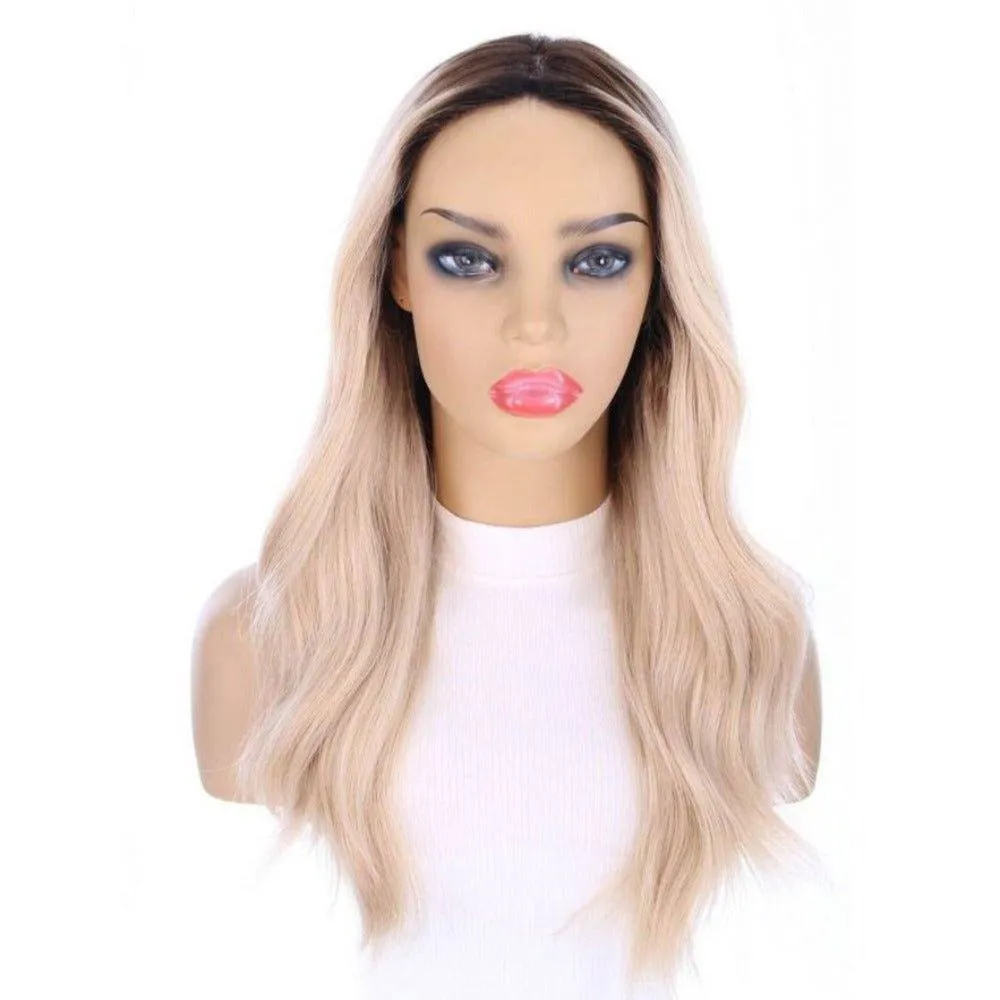 22" Ponytail Silk Part Wig Platinum Blonde w/ Full Rooting