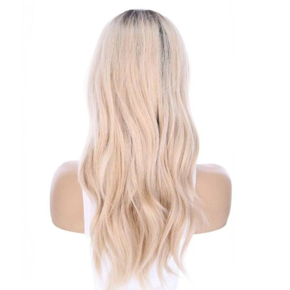 22" Ponytail Silk Part Wig Platinum Blonde w/ Full Rooting