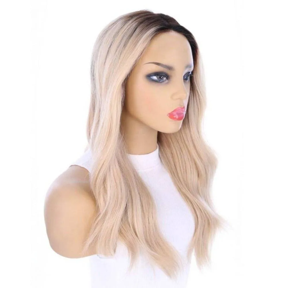 22" Ponytail Silk Part Wig Platinum Blonde w/ Full Rooting