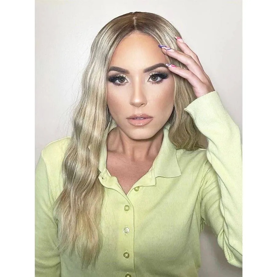 22" Ponytail Silk Part Wig Platinum Blonde w/ Partial Rooting
