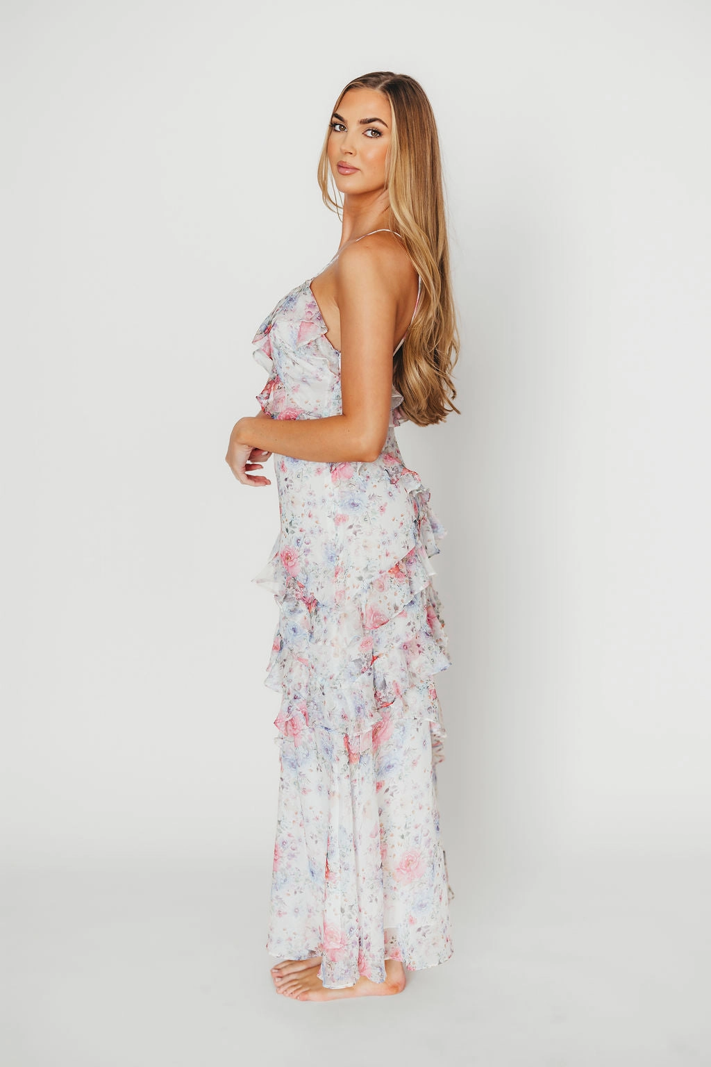 Amelia Ruffle Maxi Dress in White/Multi Floral