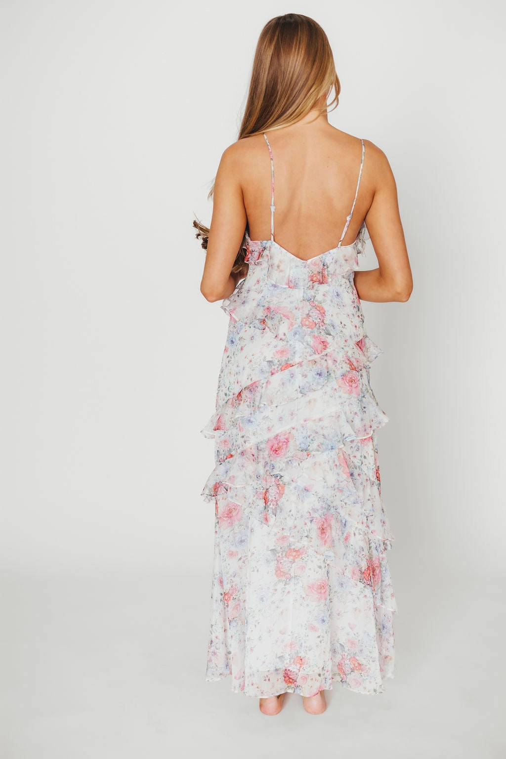Amelia Ruffle Maxi Dress in White/Multi Floral