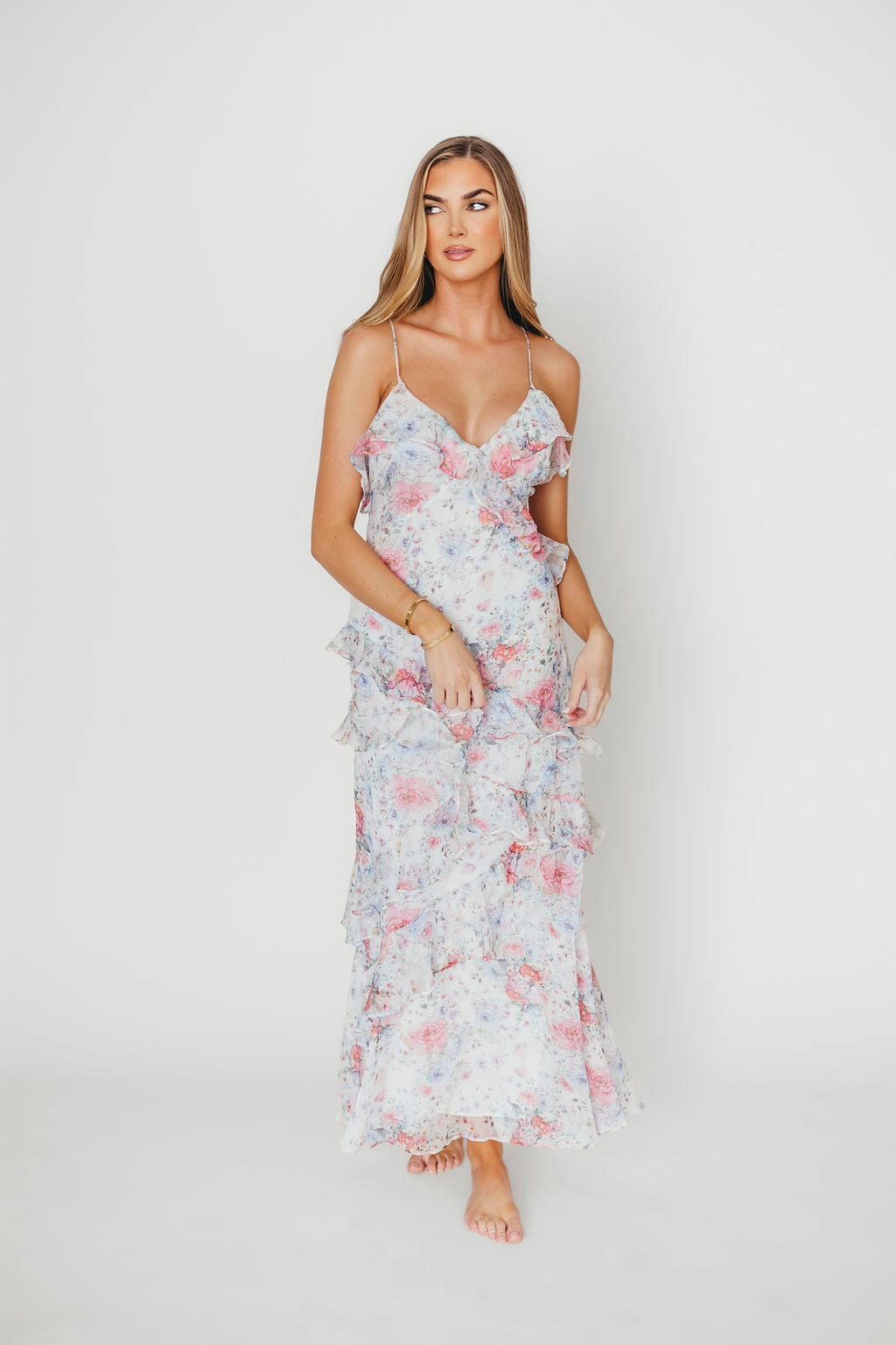 Amelia Ruffle Maxi Dress in White/Multi Floral