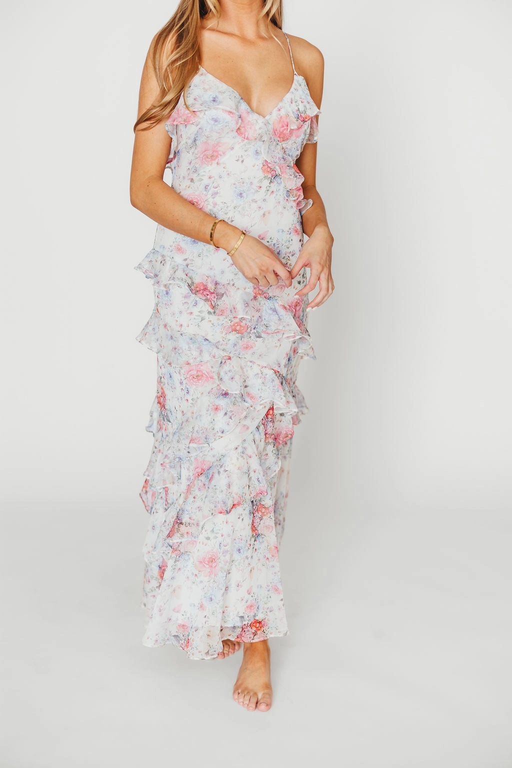 Amelia Ruffle Maxi Dress in White/Multi Floral