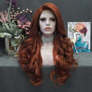 Cherry- Auburn Red Long Wavy Synthetic Lace Front Wig Imstyle