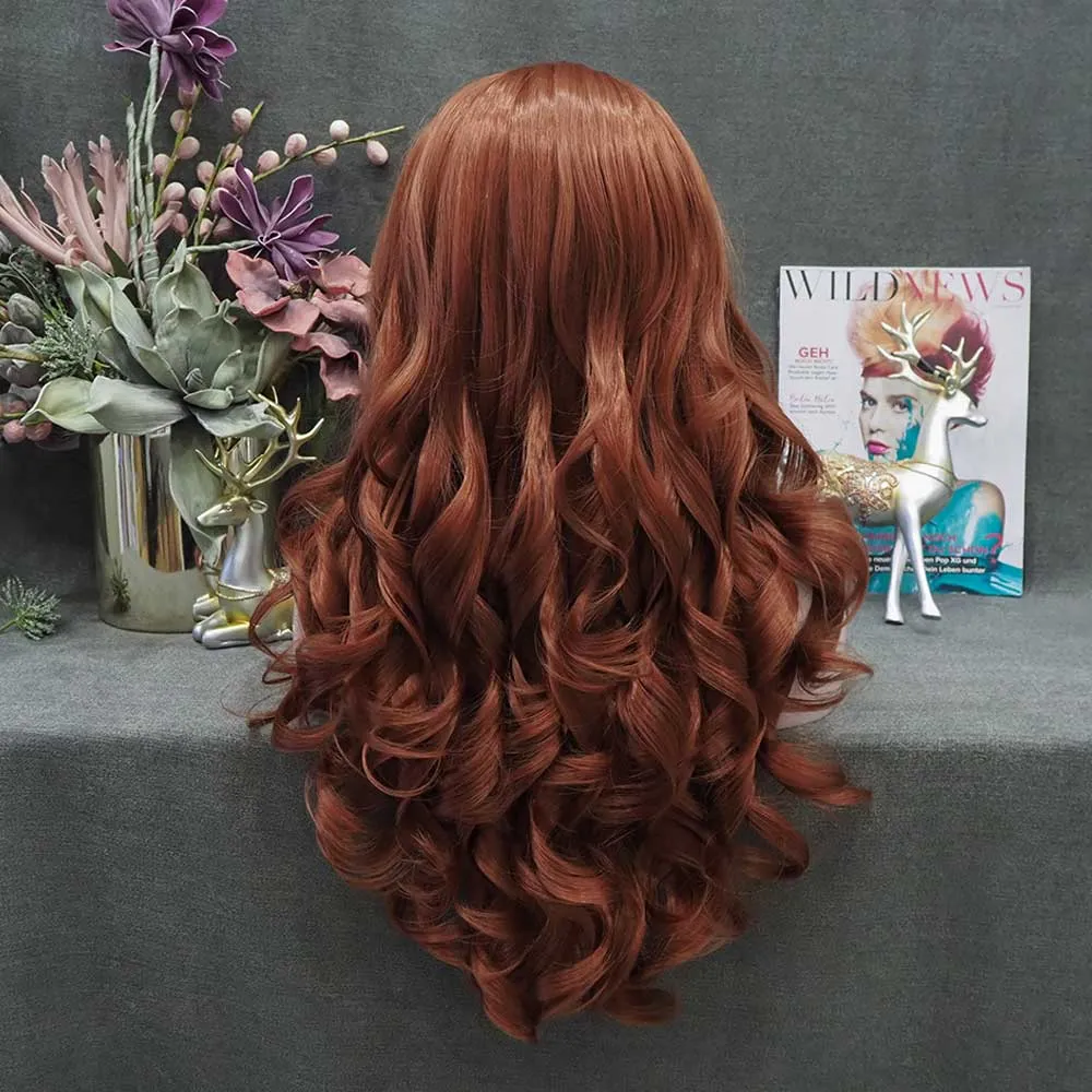 Cherry- Auburn Red Long Wavy Synthetic Lace Front Wig Imstyle