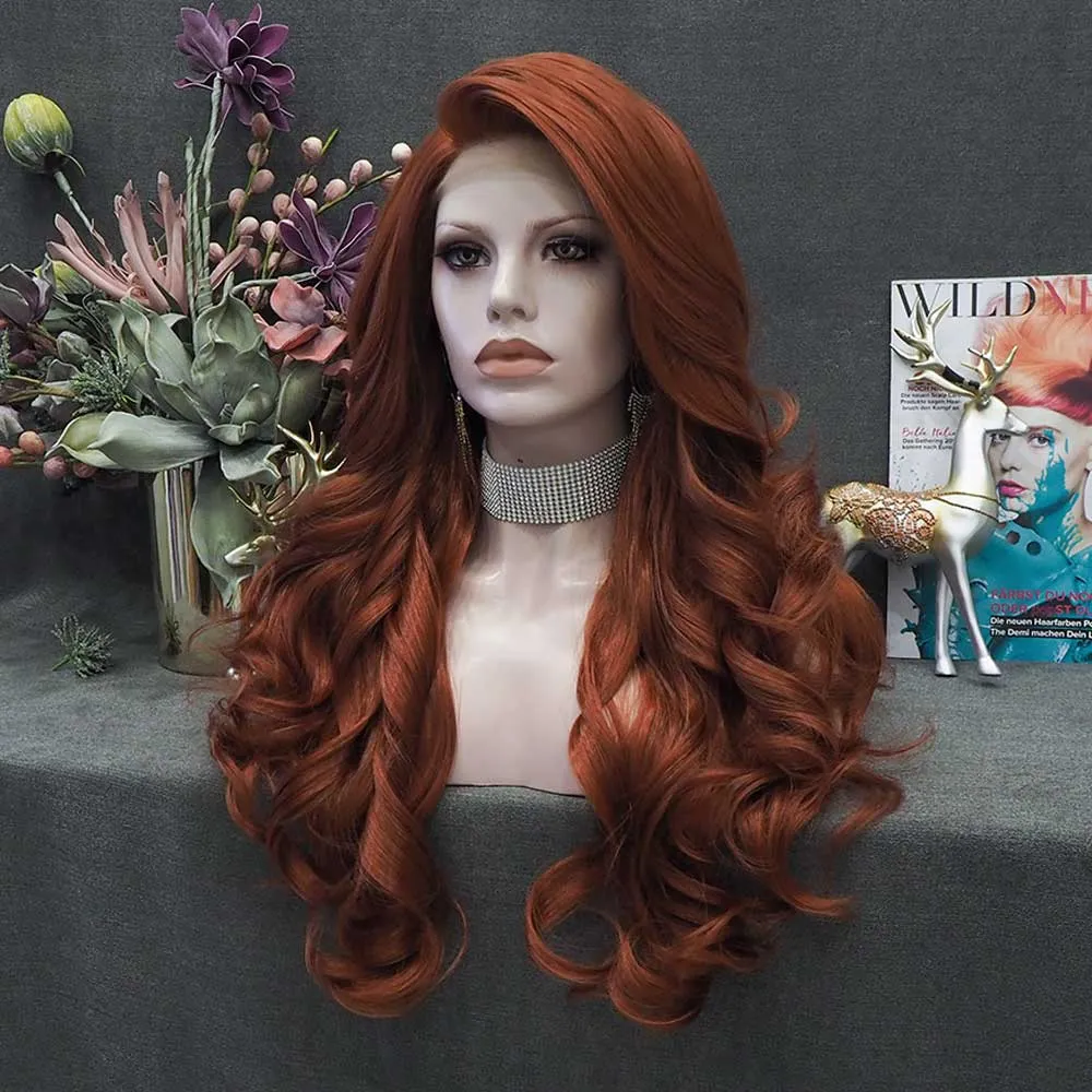 Cherry- Auburn Red Long Wavy Synthetic Lace Front Wig Imstyle