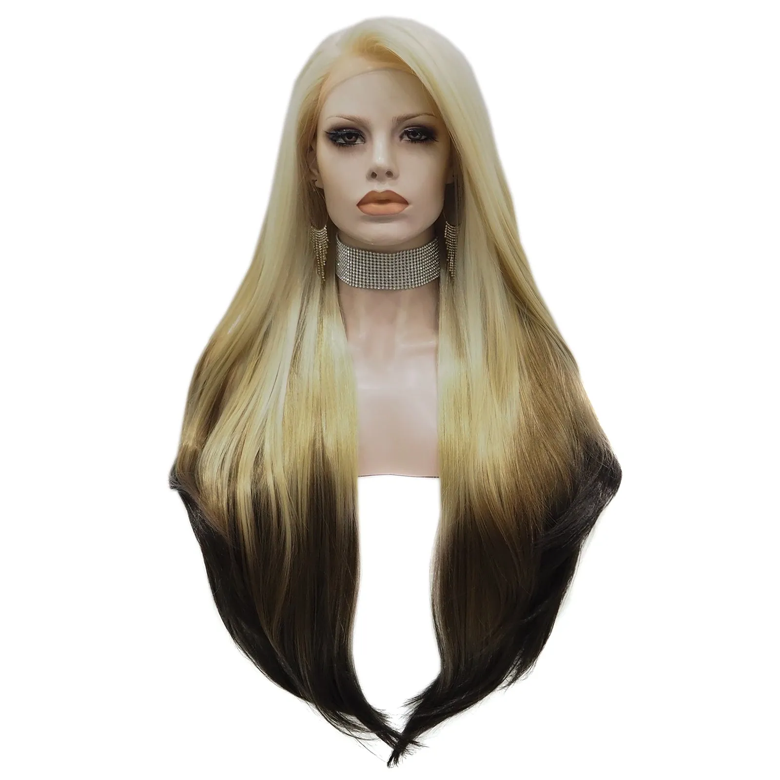 Christina Aguilera- White Blonde to Black Ombre Long Straight Lace Front Hair