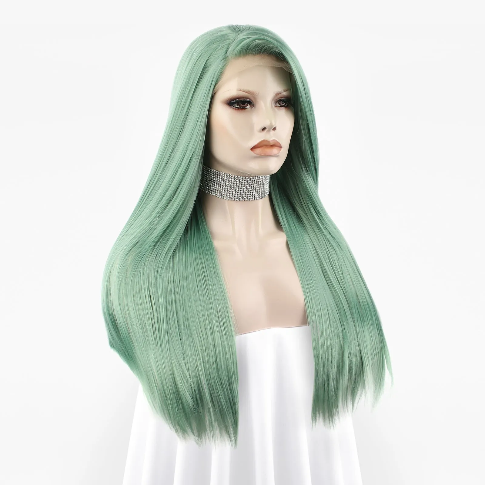 Long Straight Green Synthetic Lace Front Wig For Women