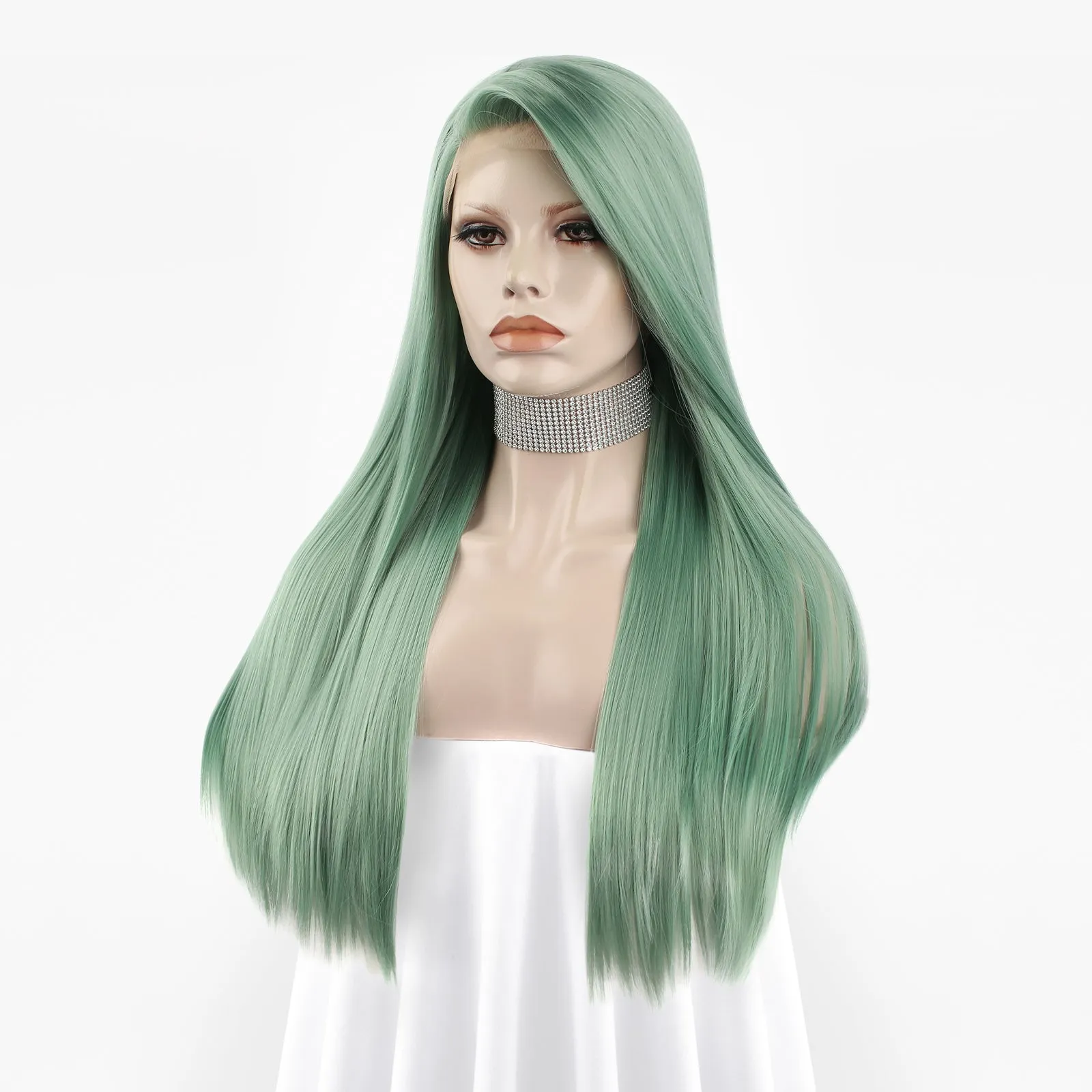 Long Straight Green Synthetic Lace Front Wig For Women