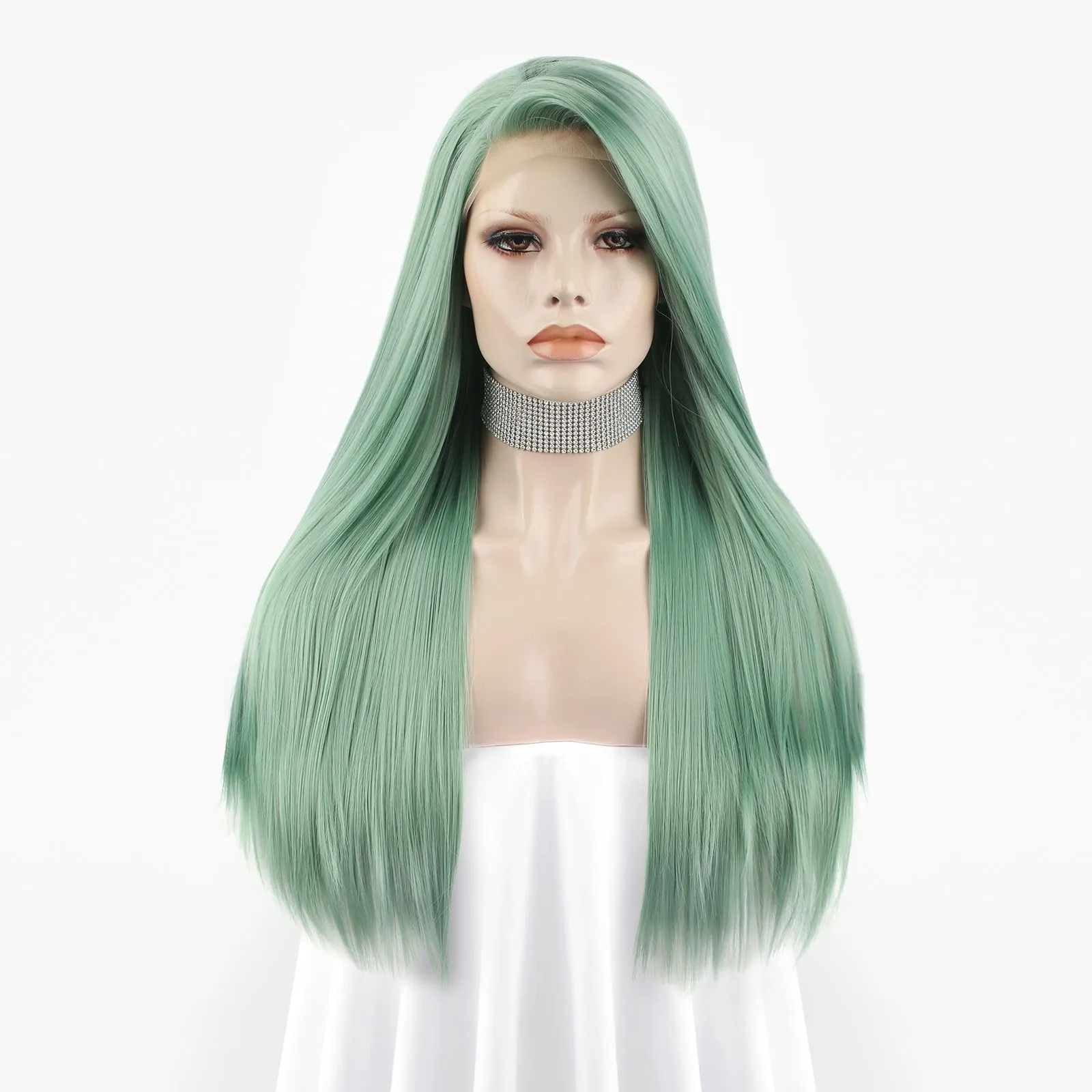 Long Straight Green Synthetic Lace Front Wig For Women