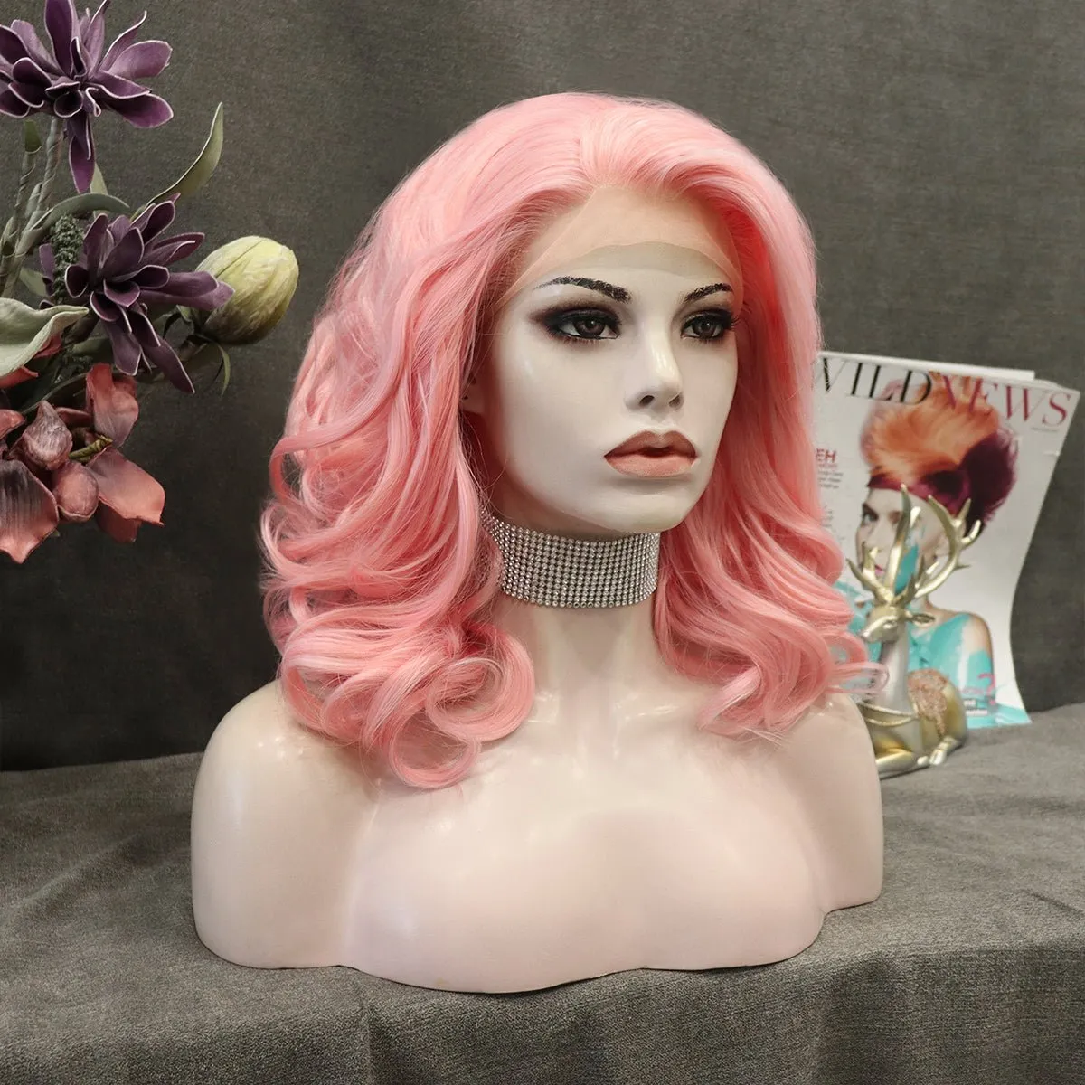 Peach Pink Medium Wavy Synthetic Wigs IM19125