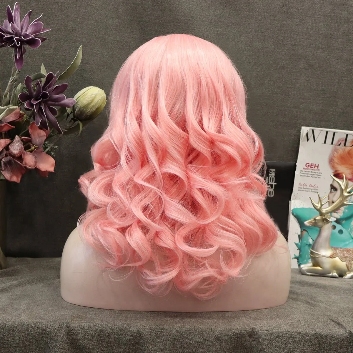 Peach Pink Medium Wavy Synthetic Wigs IM19125