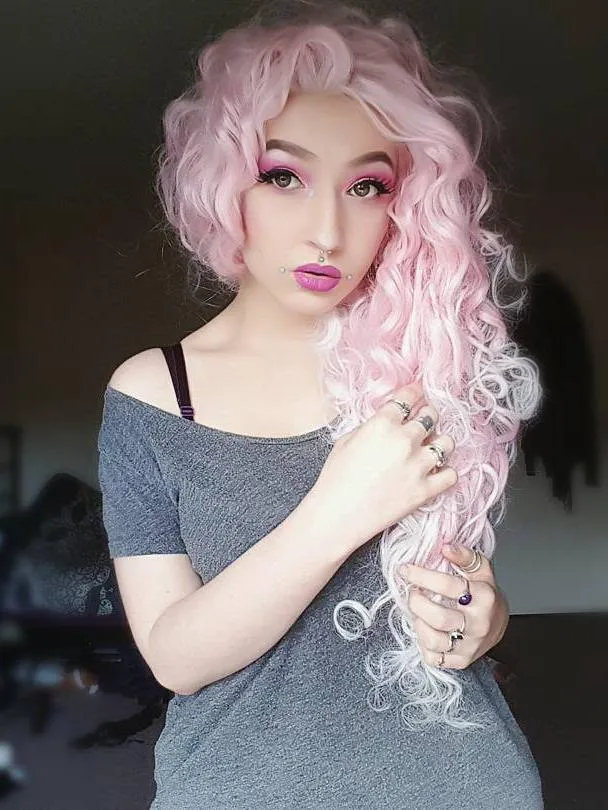 Pink Mixed White Two Tone Color Curly Lace Front Synthetic Wig