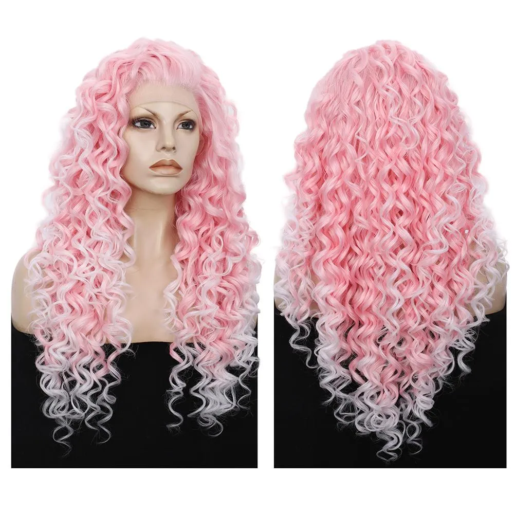 Pink Mixed White Two Tone Color Curly Lace Front Synthetic Wig
