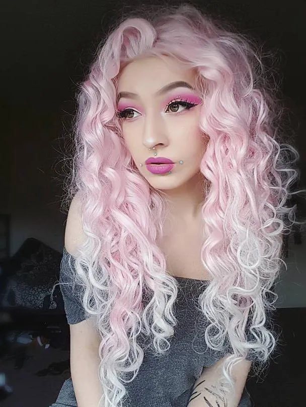 Pink Mixed White Two Tone Color Curly Lace Front Synthetic Wig