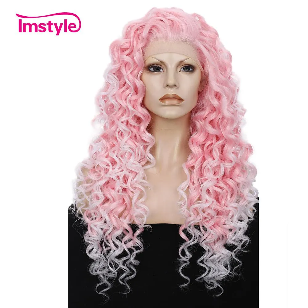 Pink Mixed White Two Tone Color Curly Lace Front Synthetic Wig