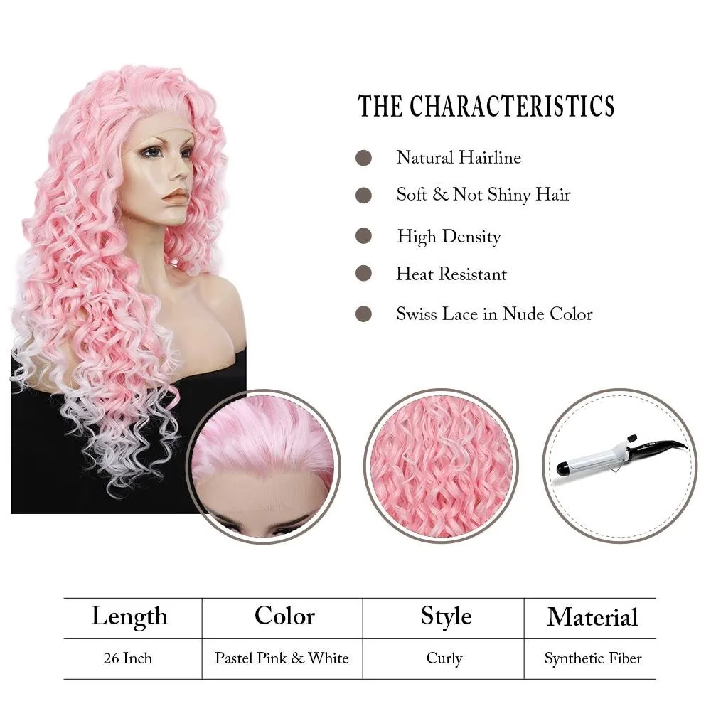 Pink Mixed White Two Tone Color Curly Lace Front Synthetic Wig