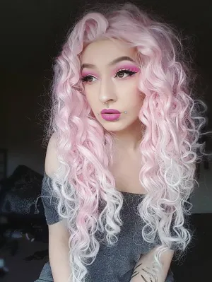 Pink Mixed White Two Tone Color Curly Lace Front Synthetic Wig