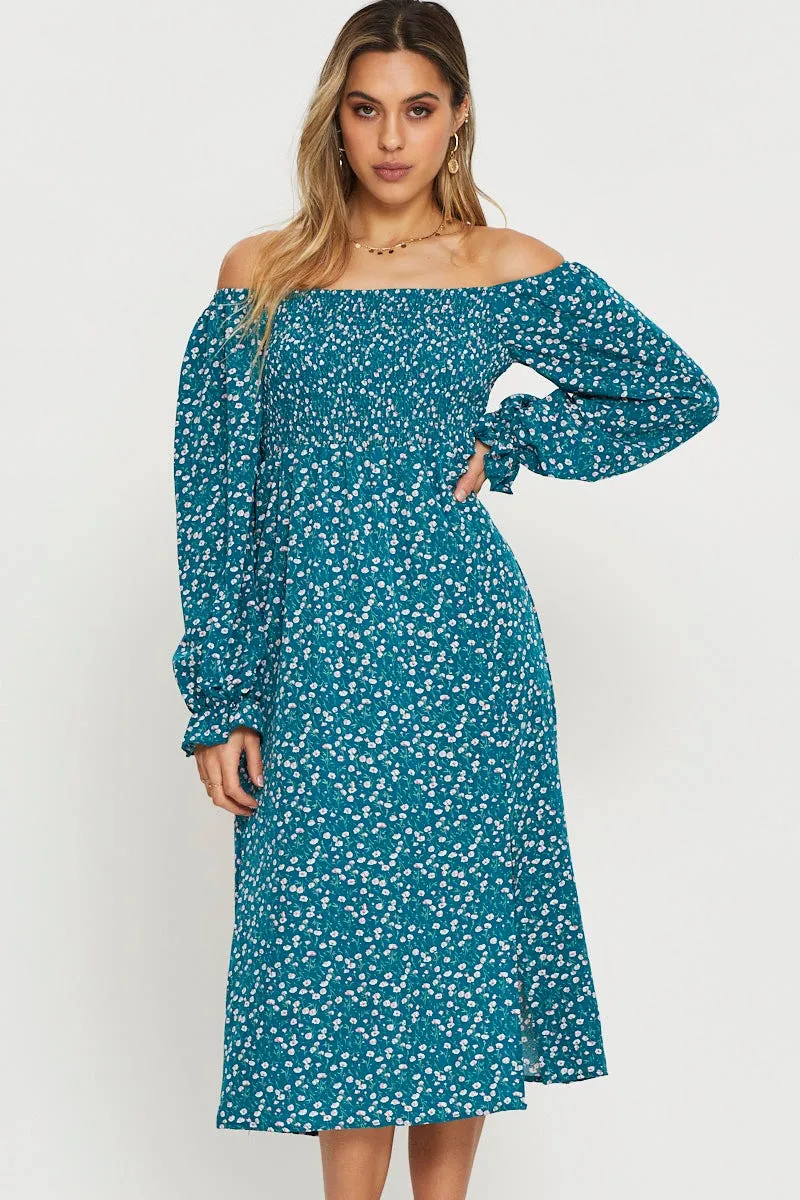 Print Midi Dress Off Shoulder