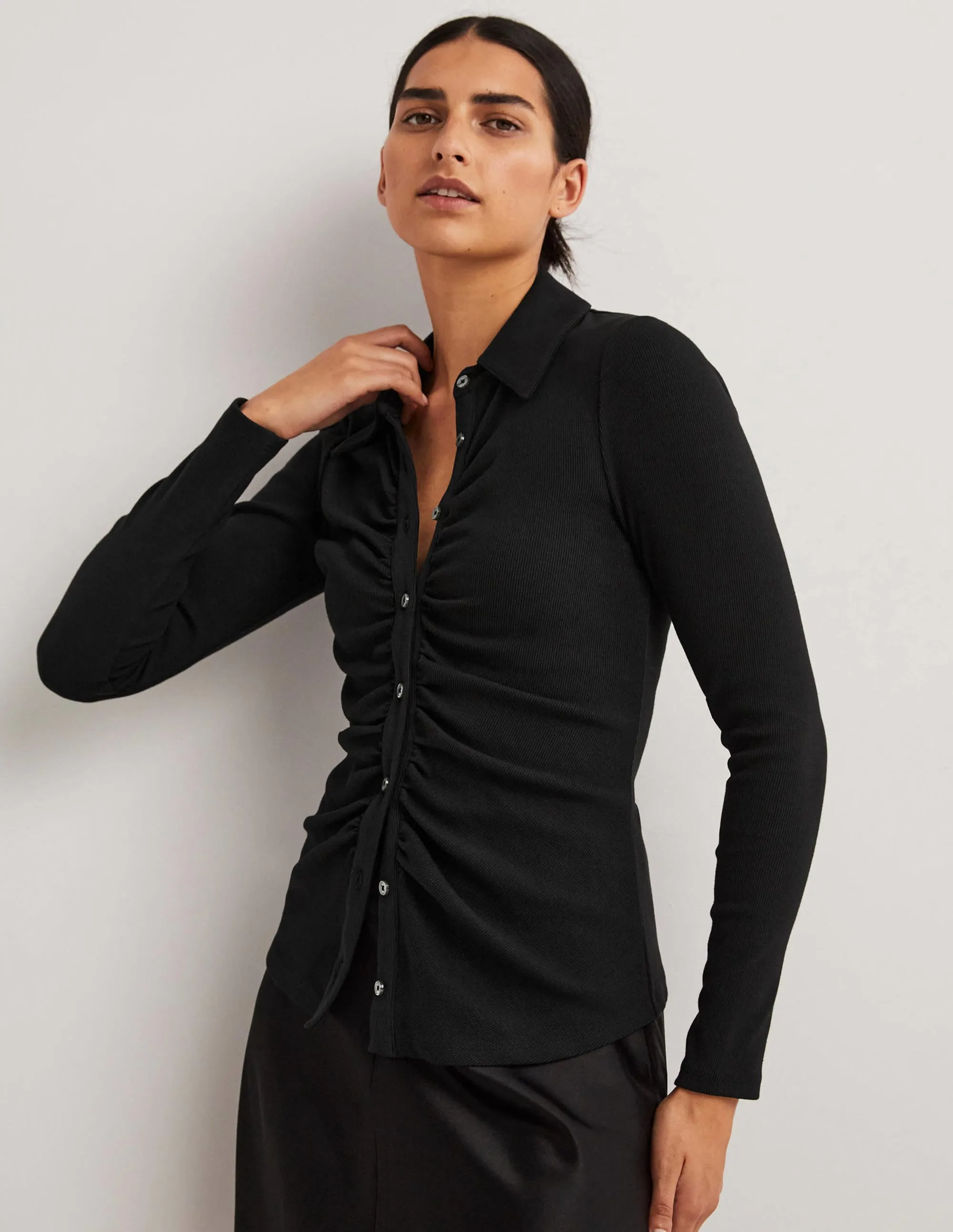 Ruched Front Jersey Shirt-Black