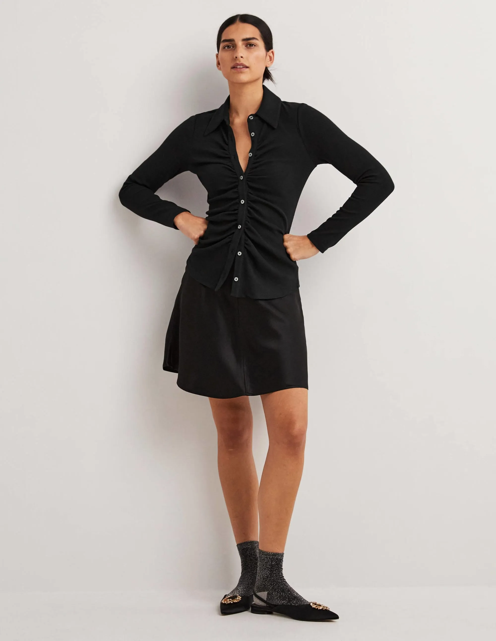 Ruched Front Jersey Shirt-Black